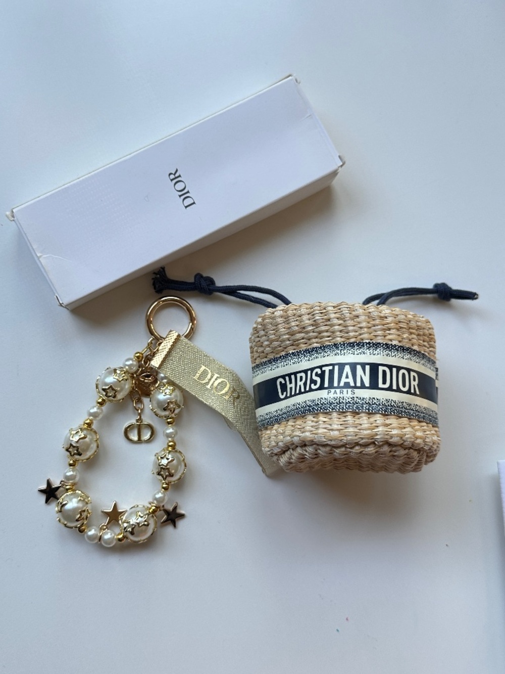 Christian Dior Beige & Blue Woven Mini Bucket Bag w/ Dust Bag & NWT Keychain